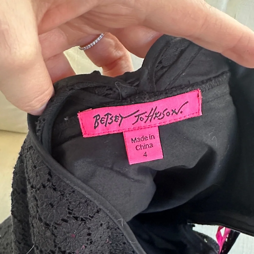 Betsey Johnson Black Lace Fit & Flare Dress w/ Open V Back Bow – Size 4 - Picture 10 of 13